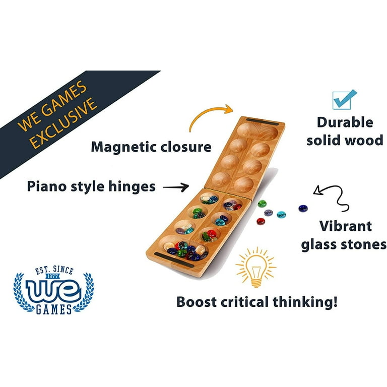 WE Games Folding Mancala - Solid Wood Board & Glass Stones