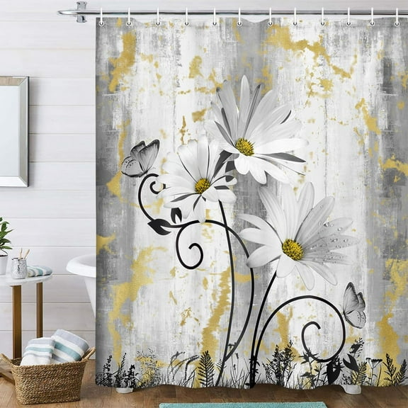 Rustic Farmhouse Shower Curtain, Farm Yellow Grey Daisy Floral Flowers and Butterfly on Country Wooden Shower Curtain for Bathroom, Gray White Shower Curtain with Hooks, 60X70IN