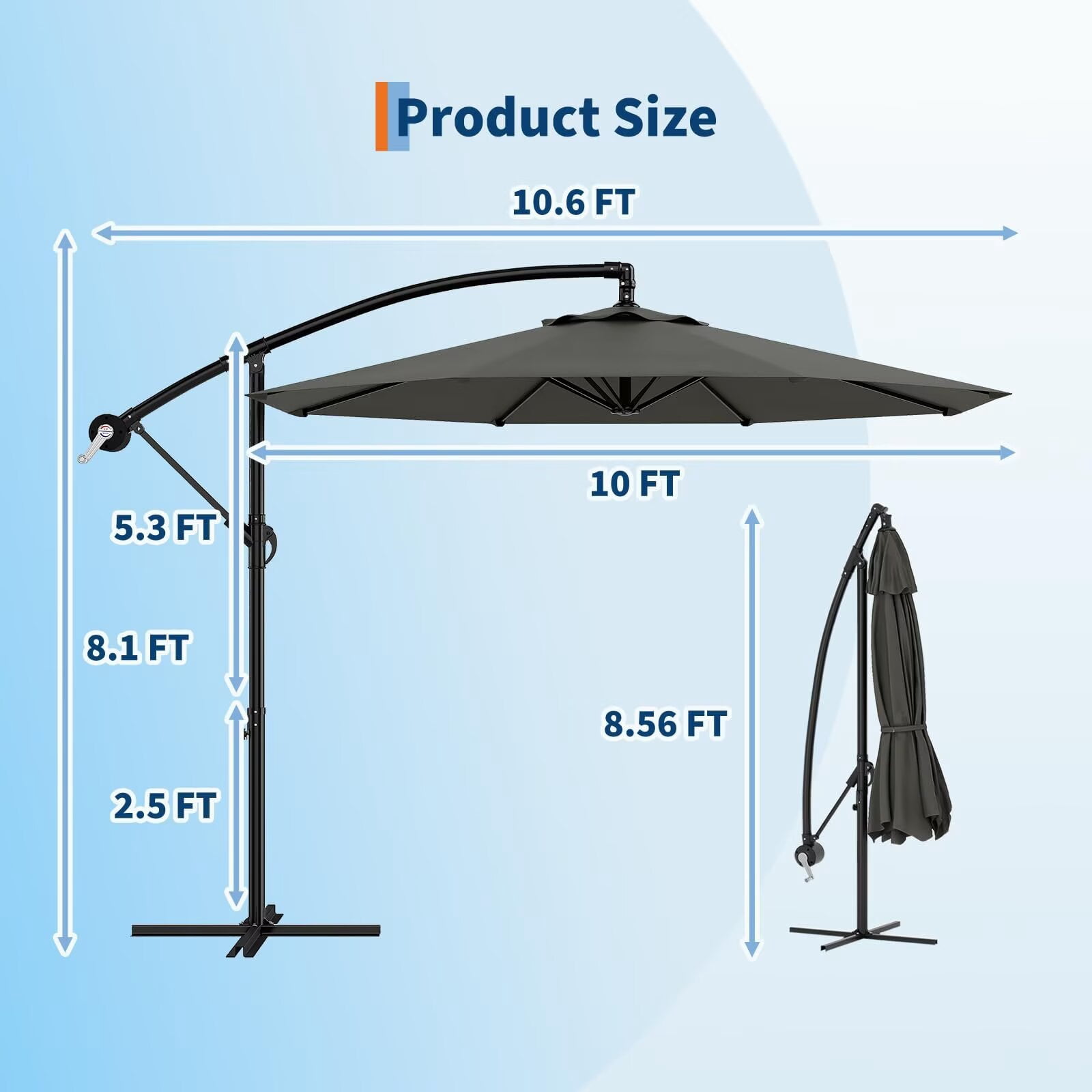 HELLONE 10FT Cantilever Umbrella outdoor patio, Offset Patio Umbrella with Easy Lift & Tilt Adjustment, UV Protection Fade Resistant for Deck, Pool, Garden, Grey