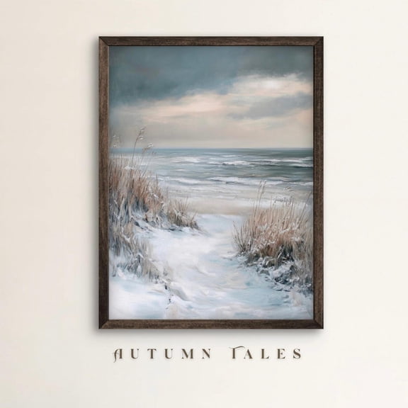 PosterArt Winter Coastal Poster Wall Art Snowy Beach Reeds Print Cloudy Sky Ocean Scene Farmhouse Decor, 8x12 UNFRAMED