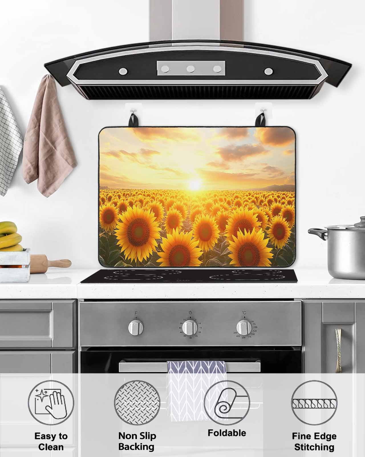 nqOlkjepod Large Induction Cooktop Protector Mat 36"x21", Sunflower Floral Stove Top Covers for Electric Stove, Summer Pastoral Botanical Flowers Stove Burner Cover Mats, Glass Top Stove Cover