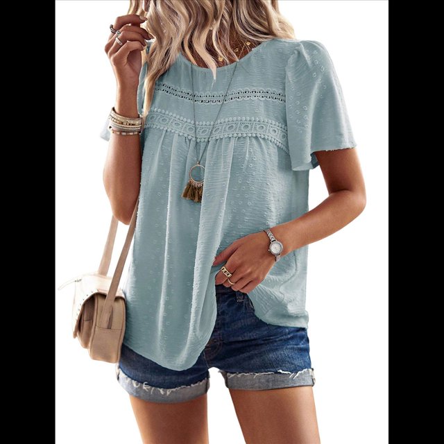 Blusas de Informales de Corta con Cuello Redondo y Dobladillo de Encaje para Mujer, Estilo Bohemio, de Verano, 2025 Gris Verde L