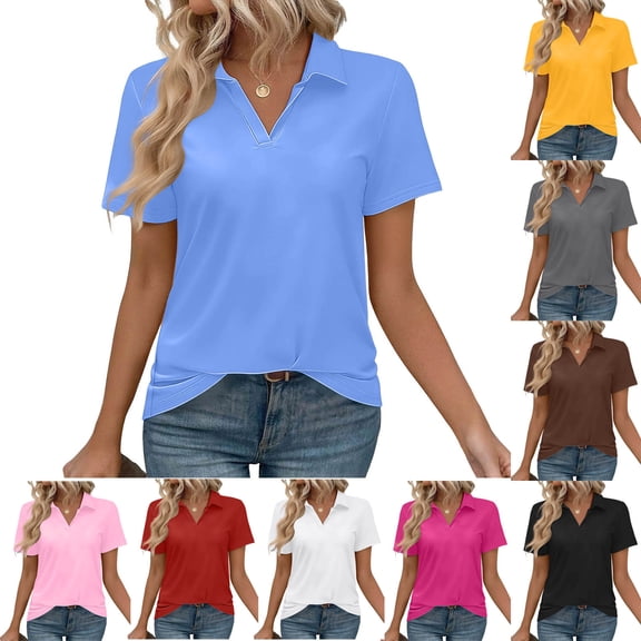 Fengqque Women's Polo Shirts Cotton Short Sleeve V-Neck Collared Tops Golf Shirt Work Casual Summer Tee Yellow XL(XL)