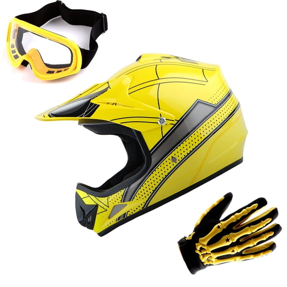 WOW Youth Motocross Helmet HJOY BMX MX ATV Dirt Bike Helmet HJOY Spider Yellow + Goggles + Skeleton Yellow Glove Bundle