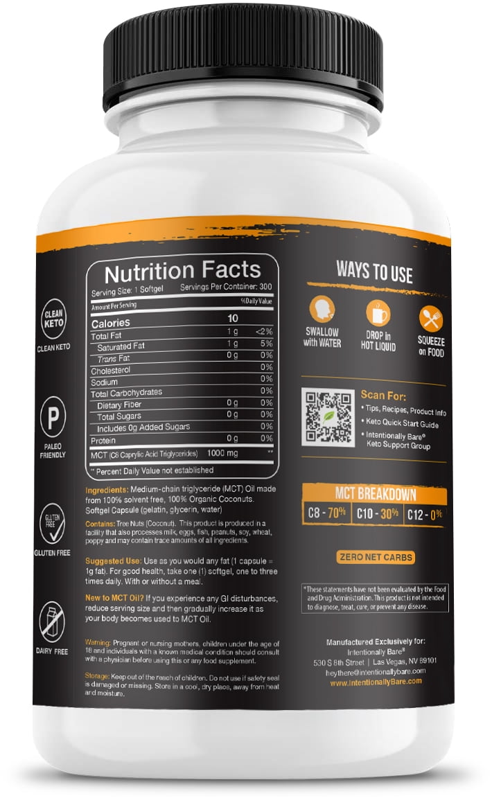 Intentionally Bare Organic 70% C8 MCT Oil Capsules- Great for Travel & Appetite Suppression- 1000mg