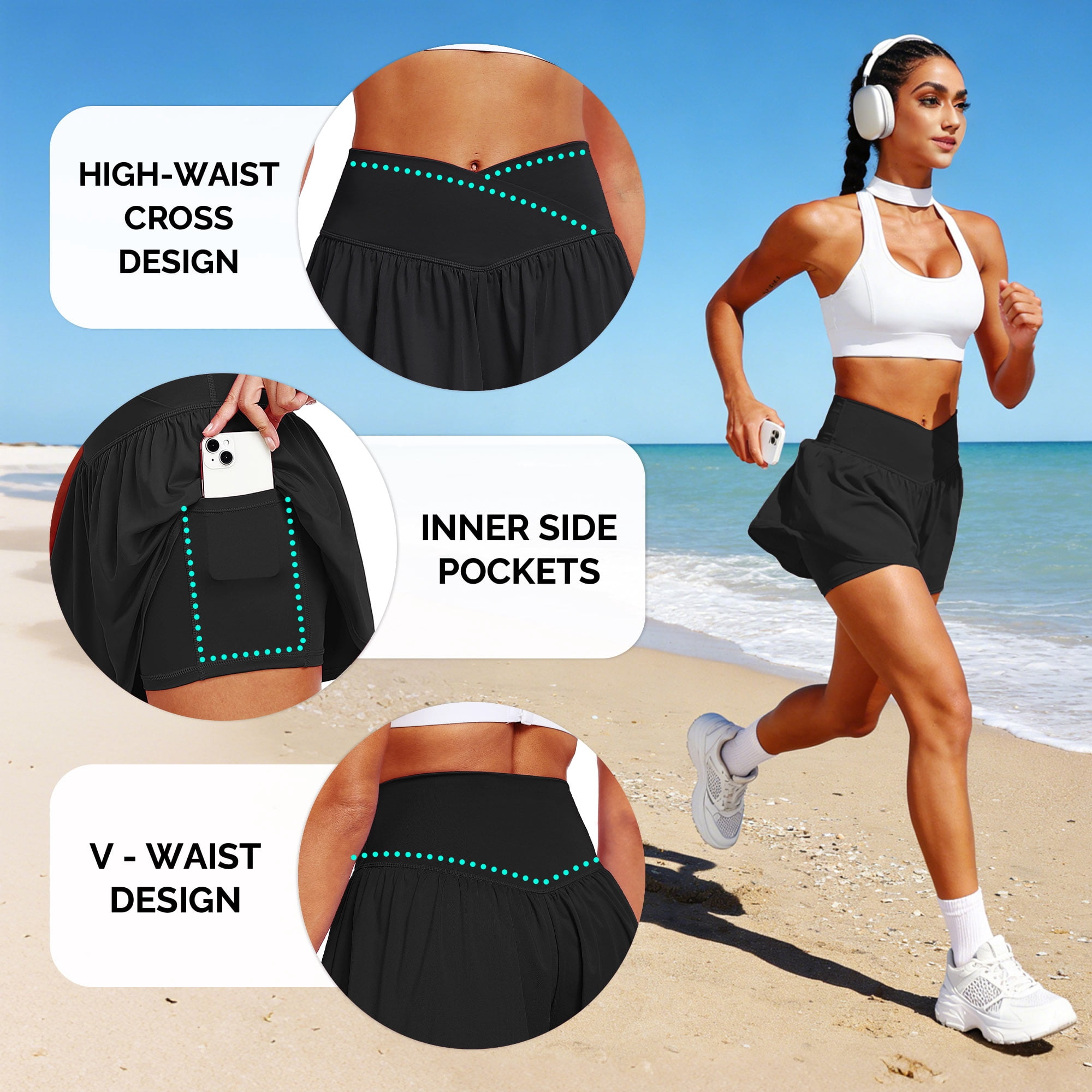 NELEUS Womens Athletic Shorts 2 in 1 Flowy Crossover Running Shorts with Pockets Workout Shorts,Black,US Size L