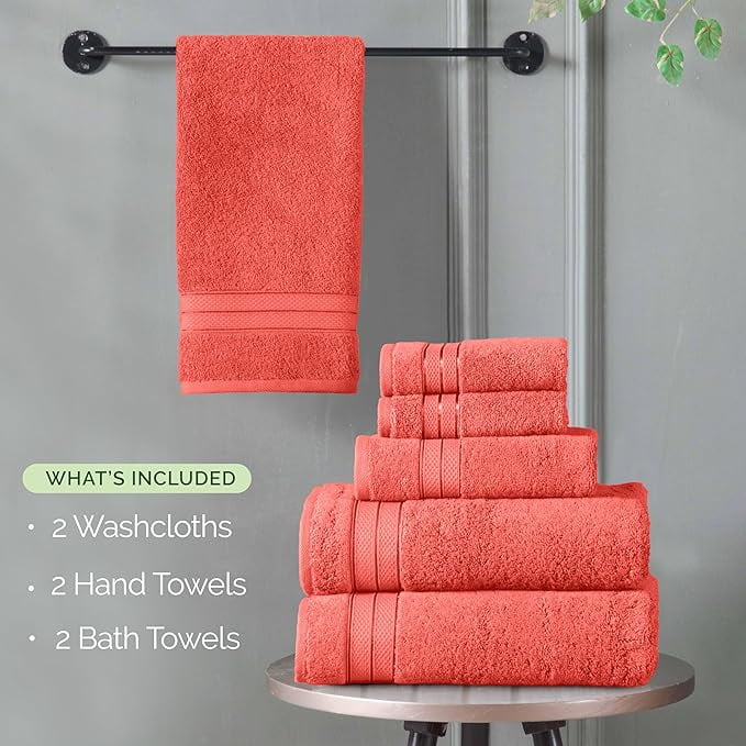 Elegant Comfort 6-Piece Towel Set - Three Line Popcorn Design, 100% Turkish Cotton, Soft and Absorbent, Quick-Drying, 2 Bath Towels, 2 Hand Towels, 2 Washcloths - Coral