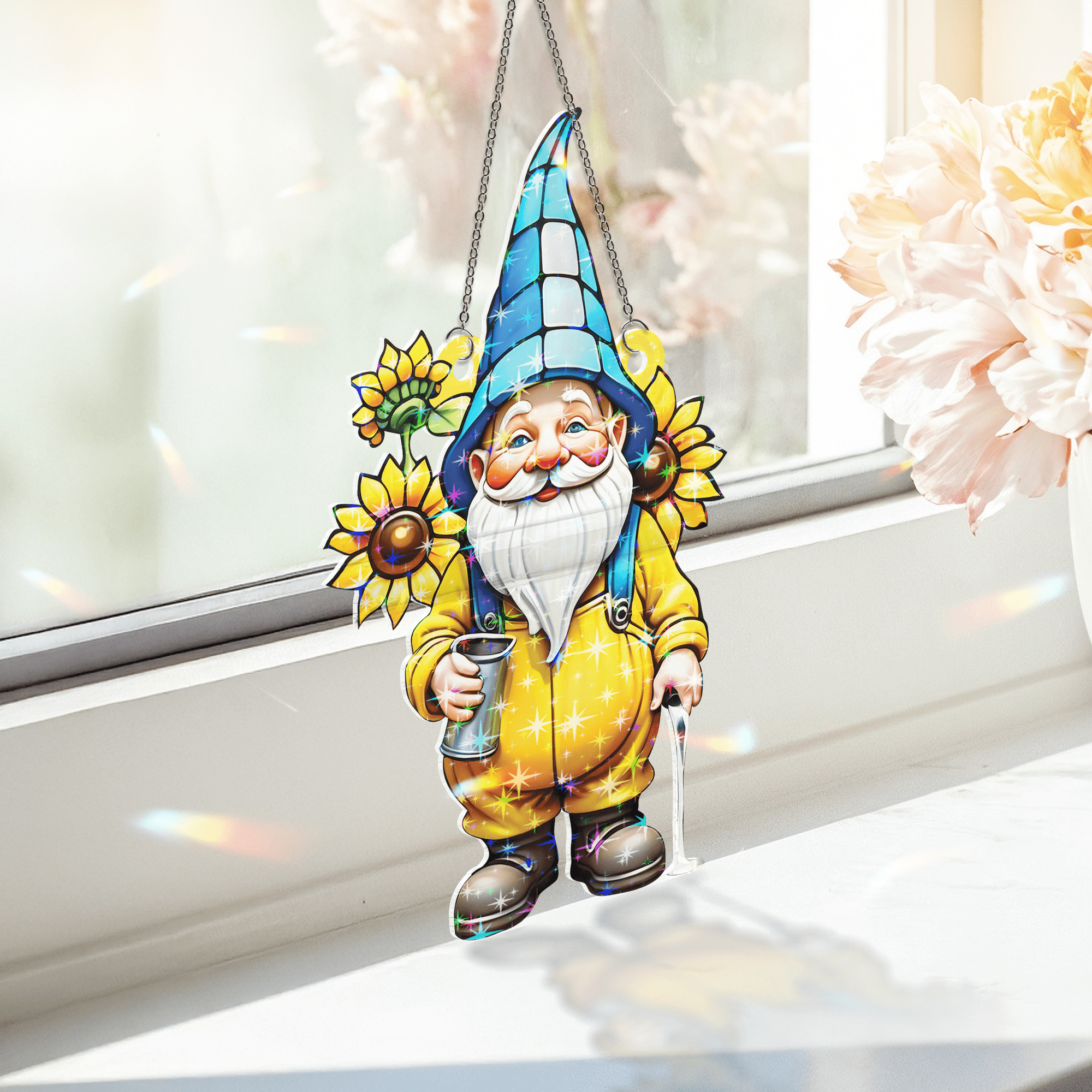 89Bloom Gnome With Sunflower Stained Glass Hologram Ornament, Stained Glass Suncatcher Ornaments Home Decor, Flower Holographic Ornaments