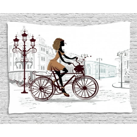 Paris Themed Bedroom For Teenagers Teen Room Decor Tapestry, Young Girl in Paris Streets with Bike French Display, Wall Hanging for Bedroom Living Room Dorm Decor, 60W X 40L Inches, Chestnut and Light Brown Pearl, by Ambesonne ()