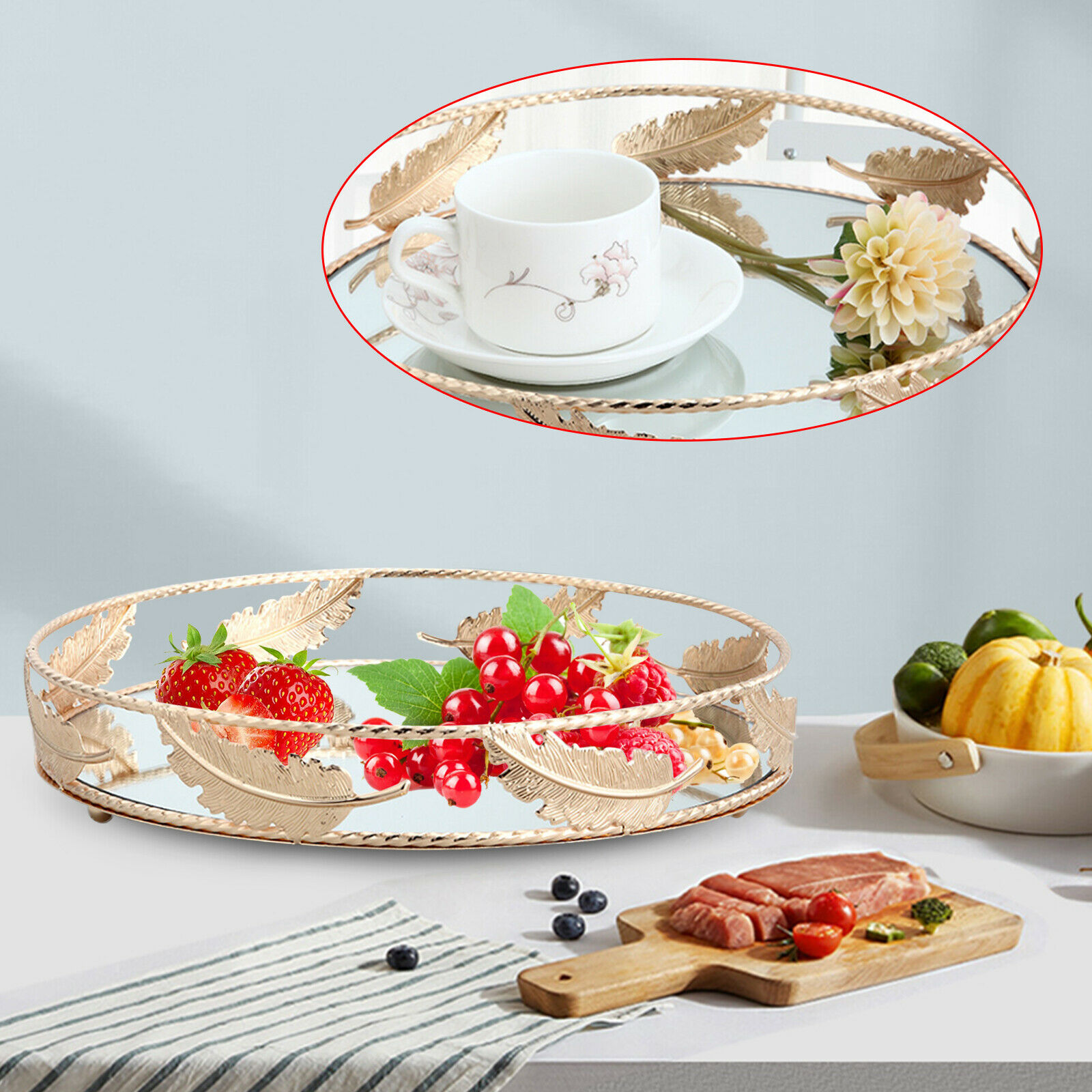 Classic Round Metal Tray Mirror Base Vintage Serving Display Tray Gold