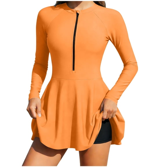 Iugvhana Women's Rash Guard Long Sleeve Swimsuits Ruffle Tiered Swimdress with Boy Shorts Two Piece Bathing Suit Zipper Modest Swimwear Orange XL
