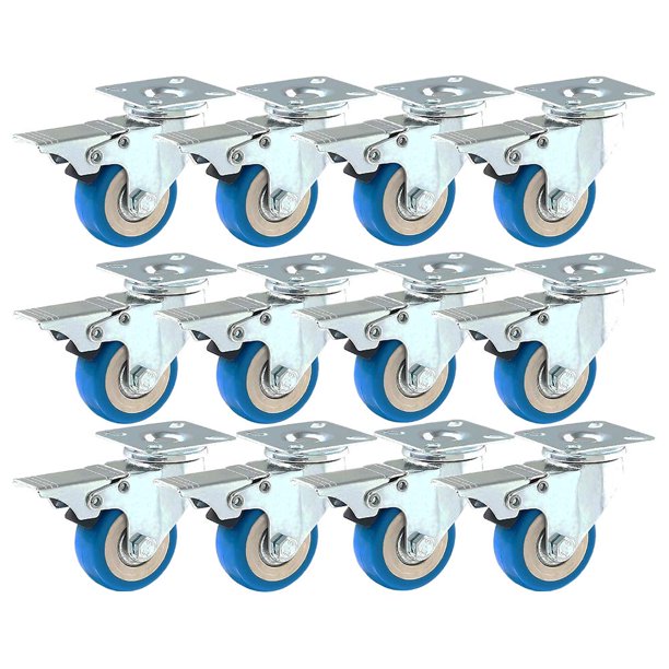 Ruedas Caster Wheels, paquete de 12 unidades, con placa giratoria de freno, poliuretano azul, de 2 a 5 pulgadas
