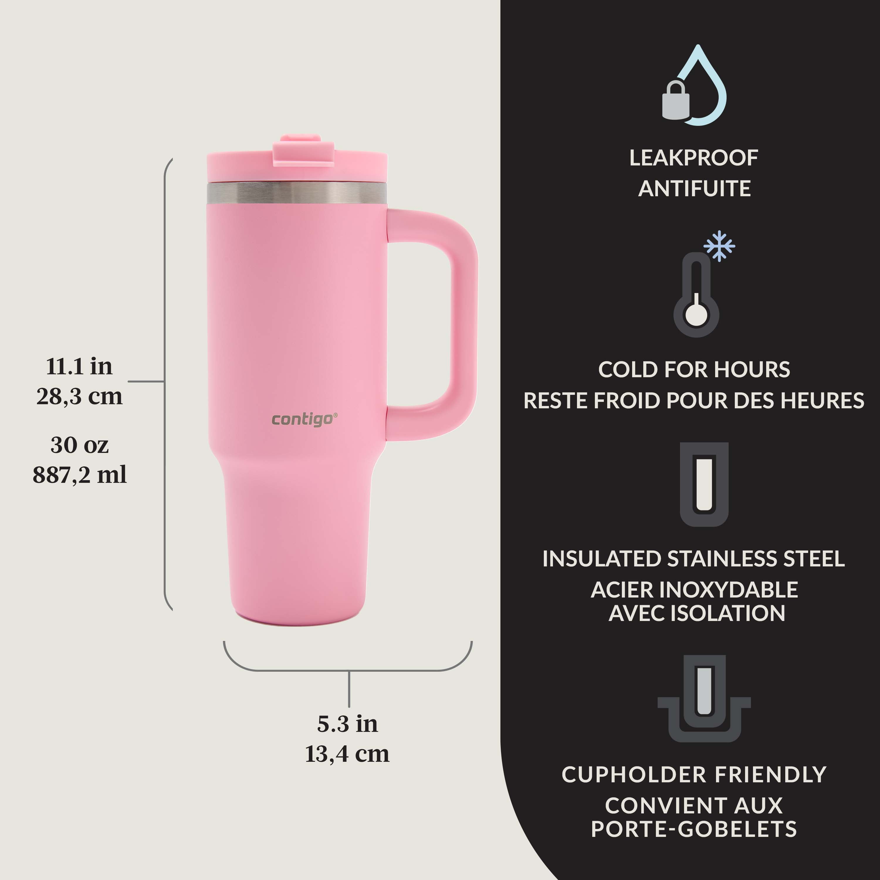 Contigo Streeterville Leak-Proof Tumbler, 30 oz (887 ml), Stainless Steel Water Bottle with Straw, Strawberry Cream