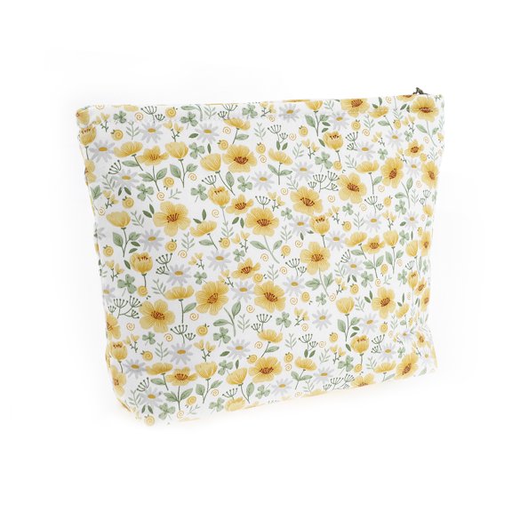 Unique Bargains 1Pc Women Durable Flower Large Cosmetic Bag for Outdoor Activities Yellow White Cotton