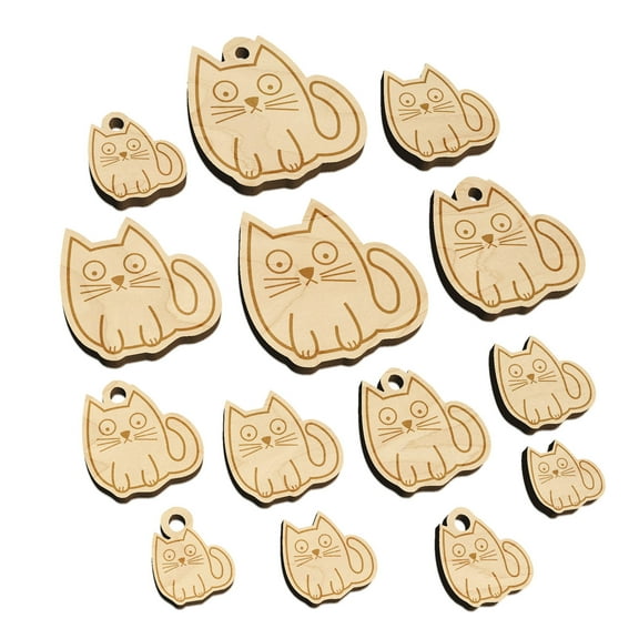 Wary Kitty Cat Wood Mini Charms Shapes DIY Craft Jewelry - With Hole - Various Sizes (16pcs)