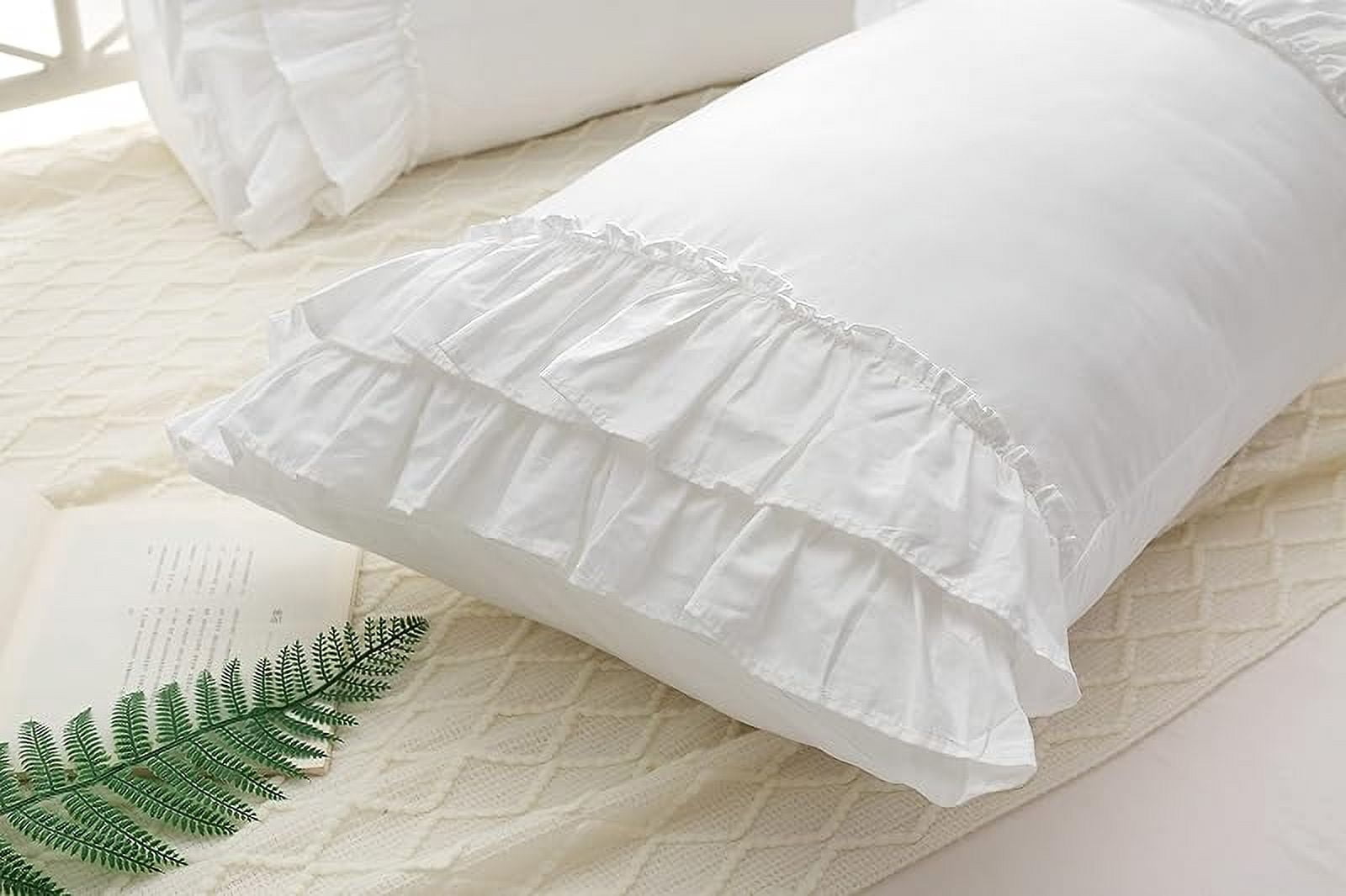 White Ruffled Pillow Shams Standard Twin Size Pillowcases Pure Cotton Pillow Covers 20"x26" 2-Pack