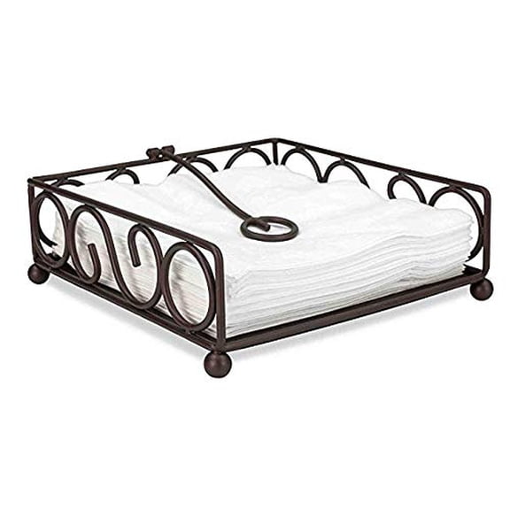 Decorative Black Metal Napkin Holder with Weighted Arm – Rustic Scroll Design for Kitchen, Dining Table & Patio