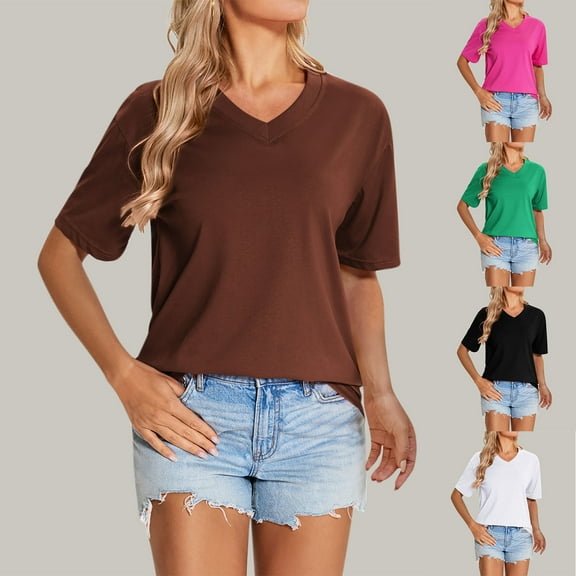 Fengqque Womens T Shirts Short Sleeve V Neck Basic Tee Soft Casual Loose Fit Solid Color Summer Women's Tops White XL(XL)