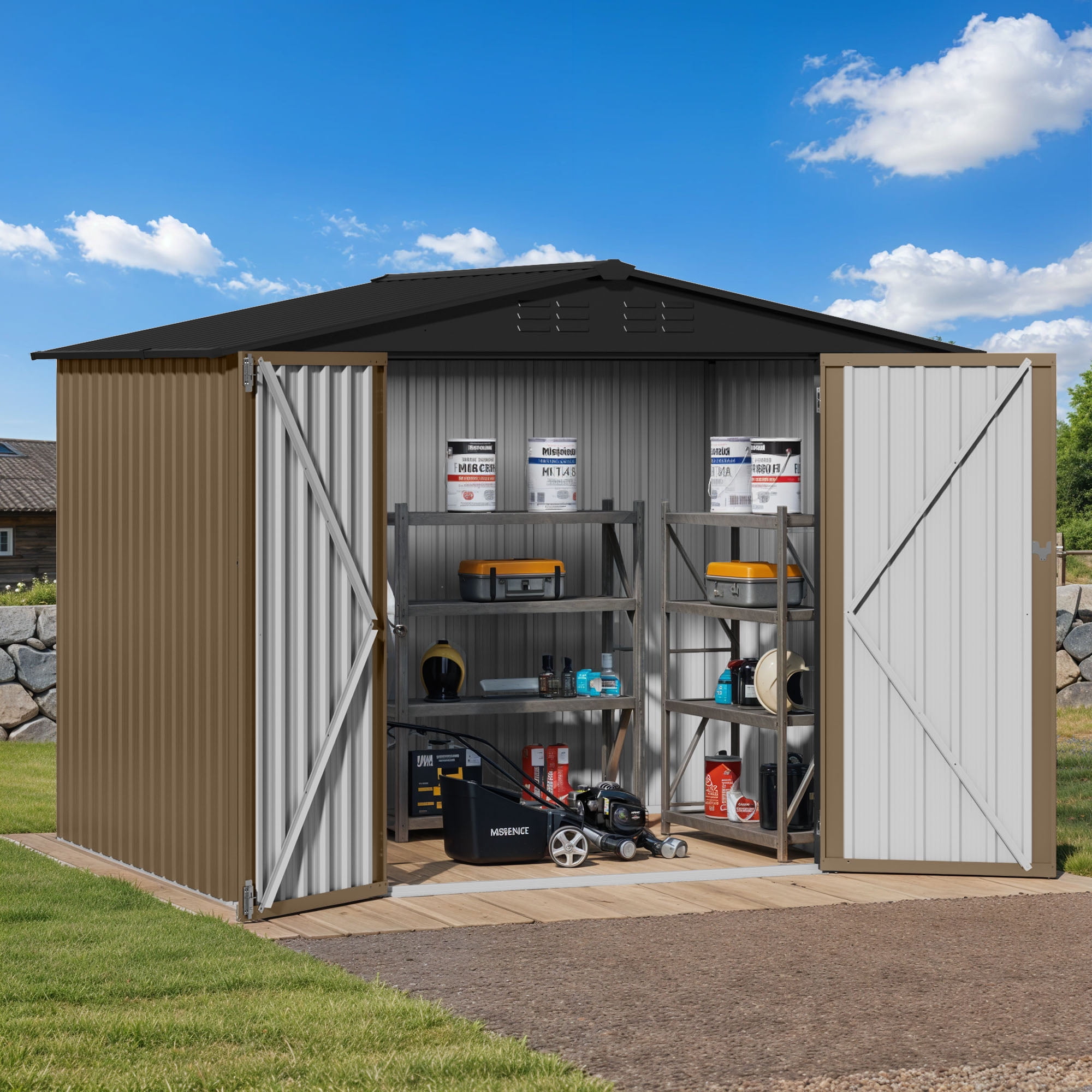 Uforic 8x6 FT Outdoor Storage Shed with Lockable Doors & Air Vent, Large Metal Tool Sheds House for Backyard Patio to Store Bikes, Tools,Brown