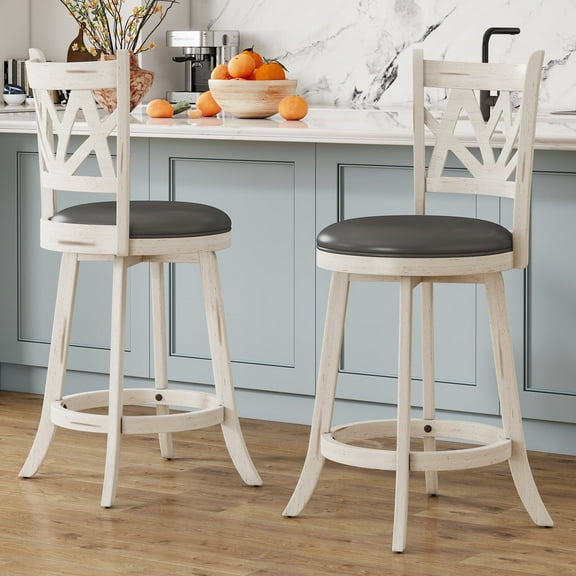 Joywind Farmhouse Swivel Bar Stools Set of 2, 24" Carved Lotus Barstools, Faux Leather Upholstered Counter Chairs with Solid Footrest & Wood Legs, Antique White
