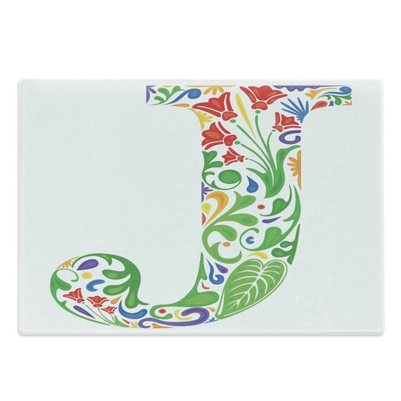 Letter J Cutting Board, Initial Capital J with Tropical Nature Elements Leaves and Flowers Abstract Swirls, Decorative Tempered Glass Cutting and Serving Board, Large Size, Green Purple, by Ambesonne