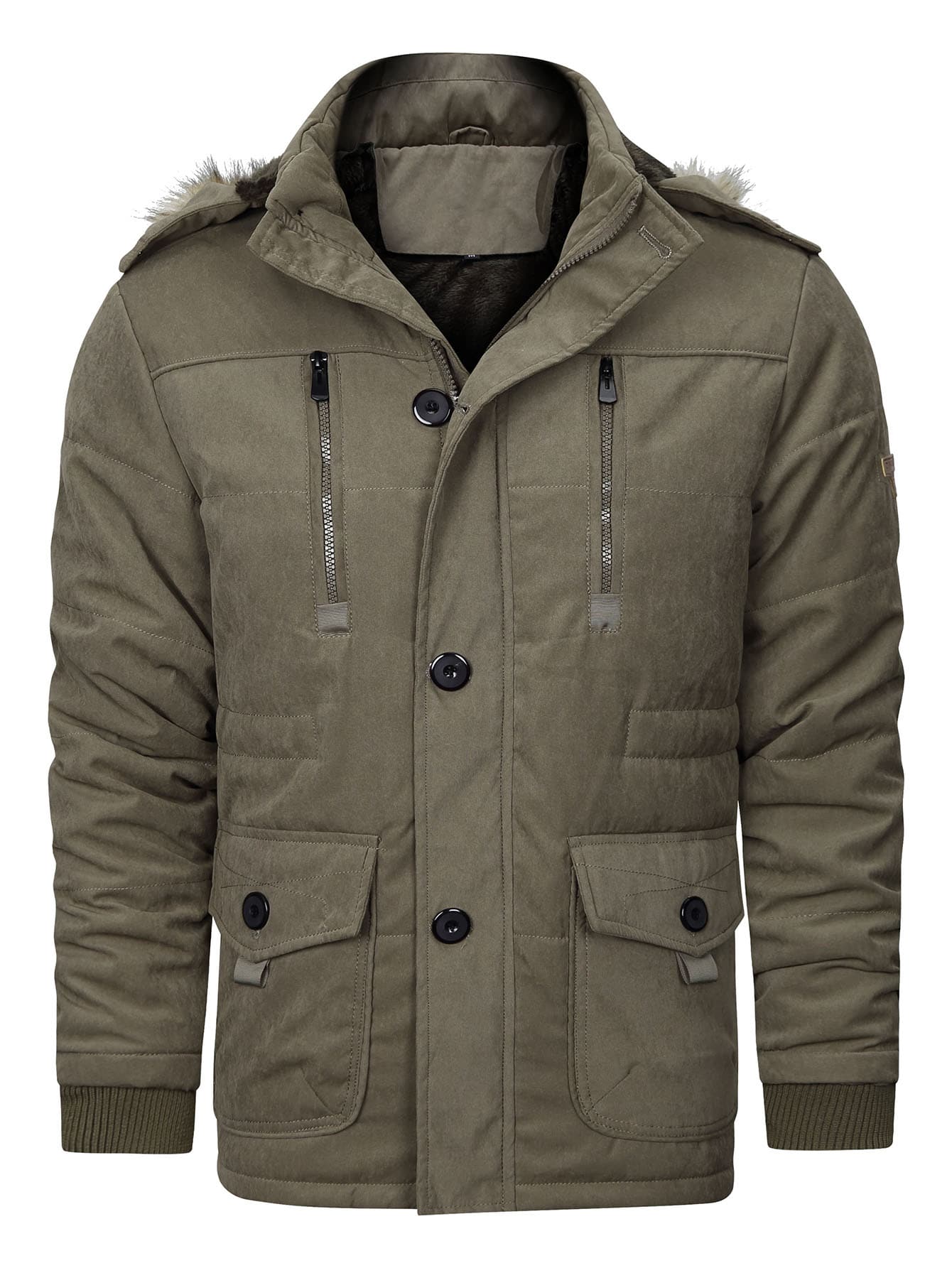 hooded flap pocket plain fleece lined coat