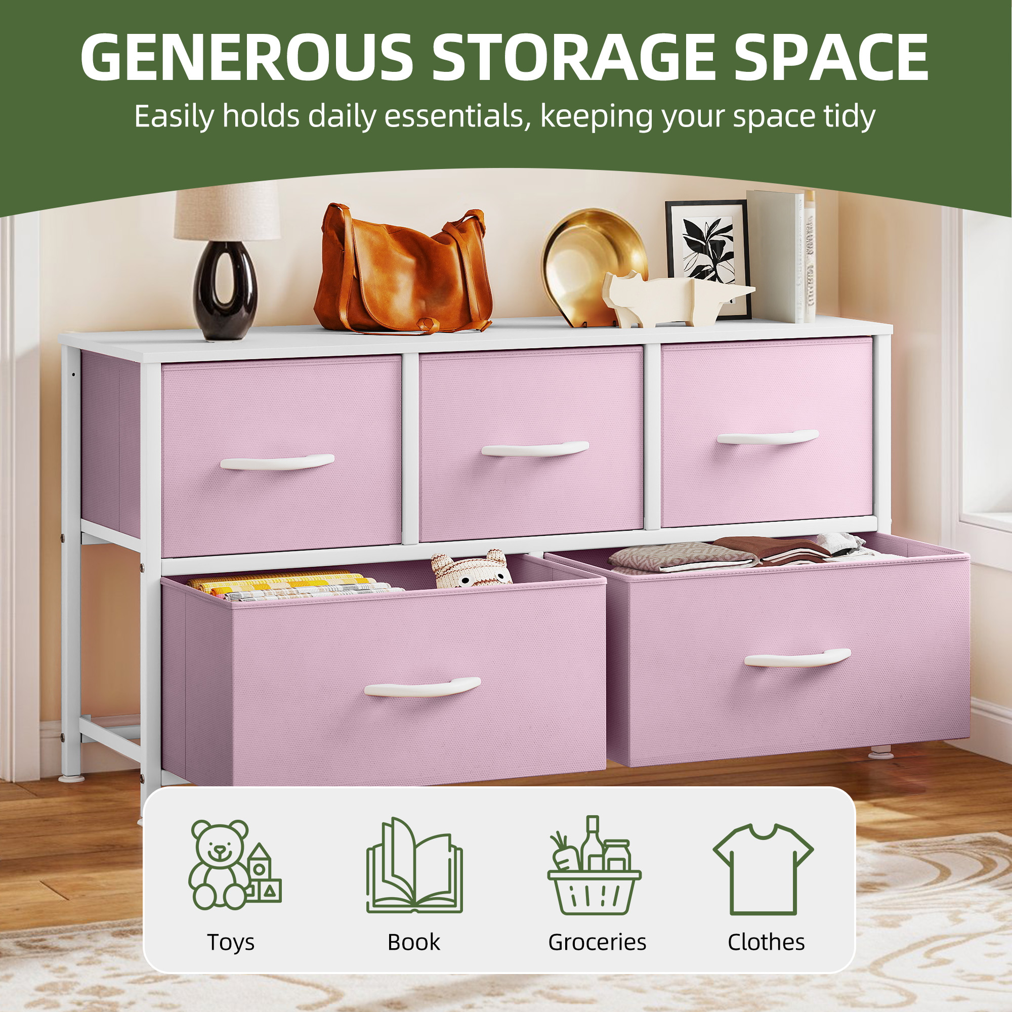 Uforic Wide Fabric Dresser with 5 Drawers,Storage Organizer with White Plastic Handles,Steel Frame,and Wooden Top for s, Living Rooms