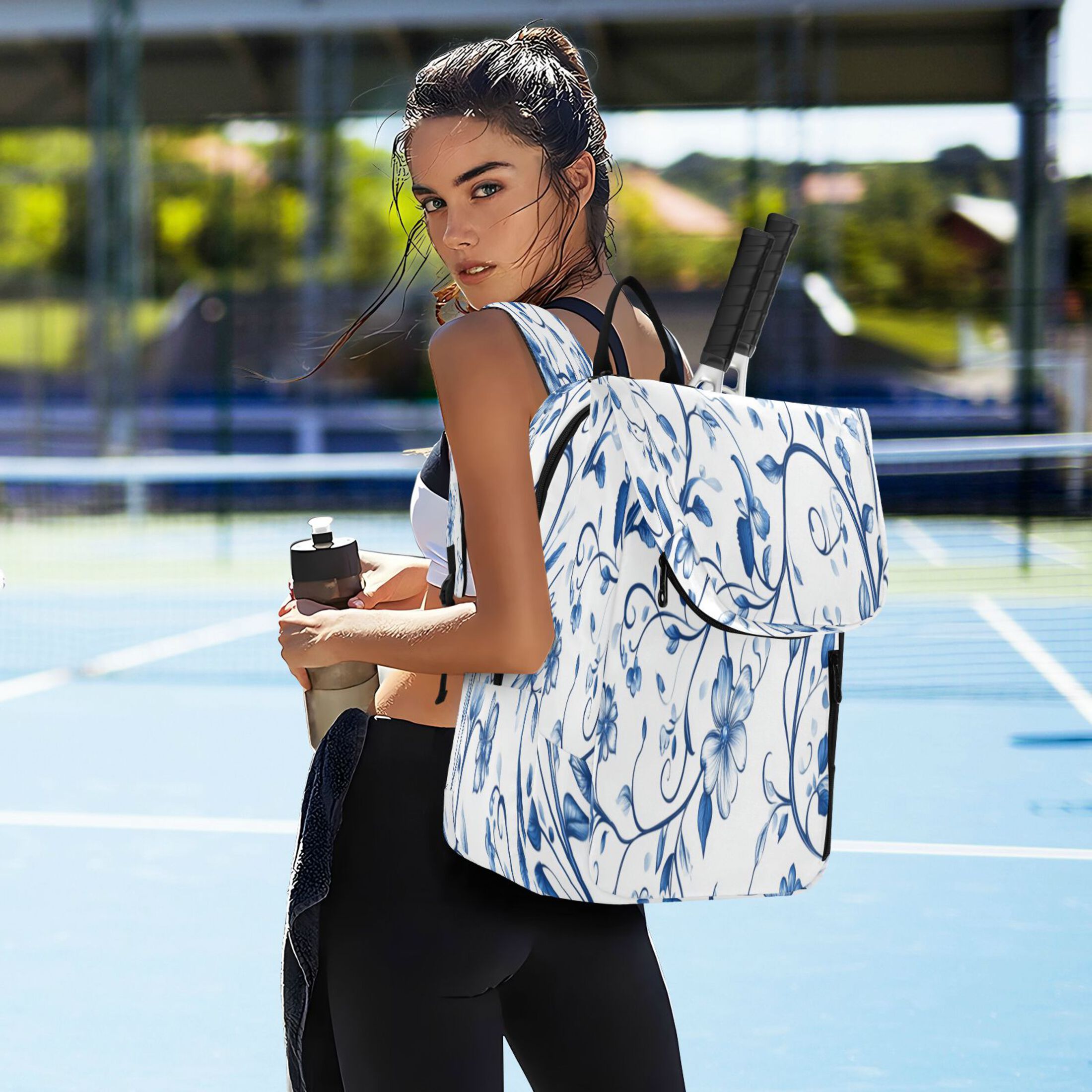 2 Racquet Holder Tennis Backpack Tennis Racket Covers Gym Bags Blue Floral Designs