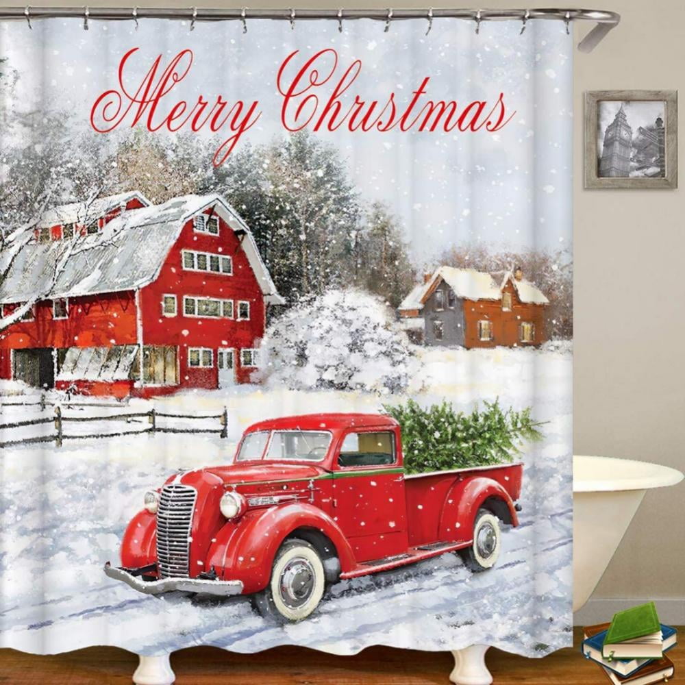 Christmas retro red car with tree on top Bathroom Fabric Shower Curtain Set 71in