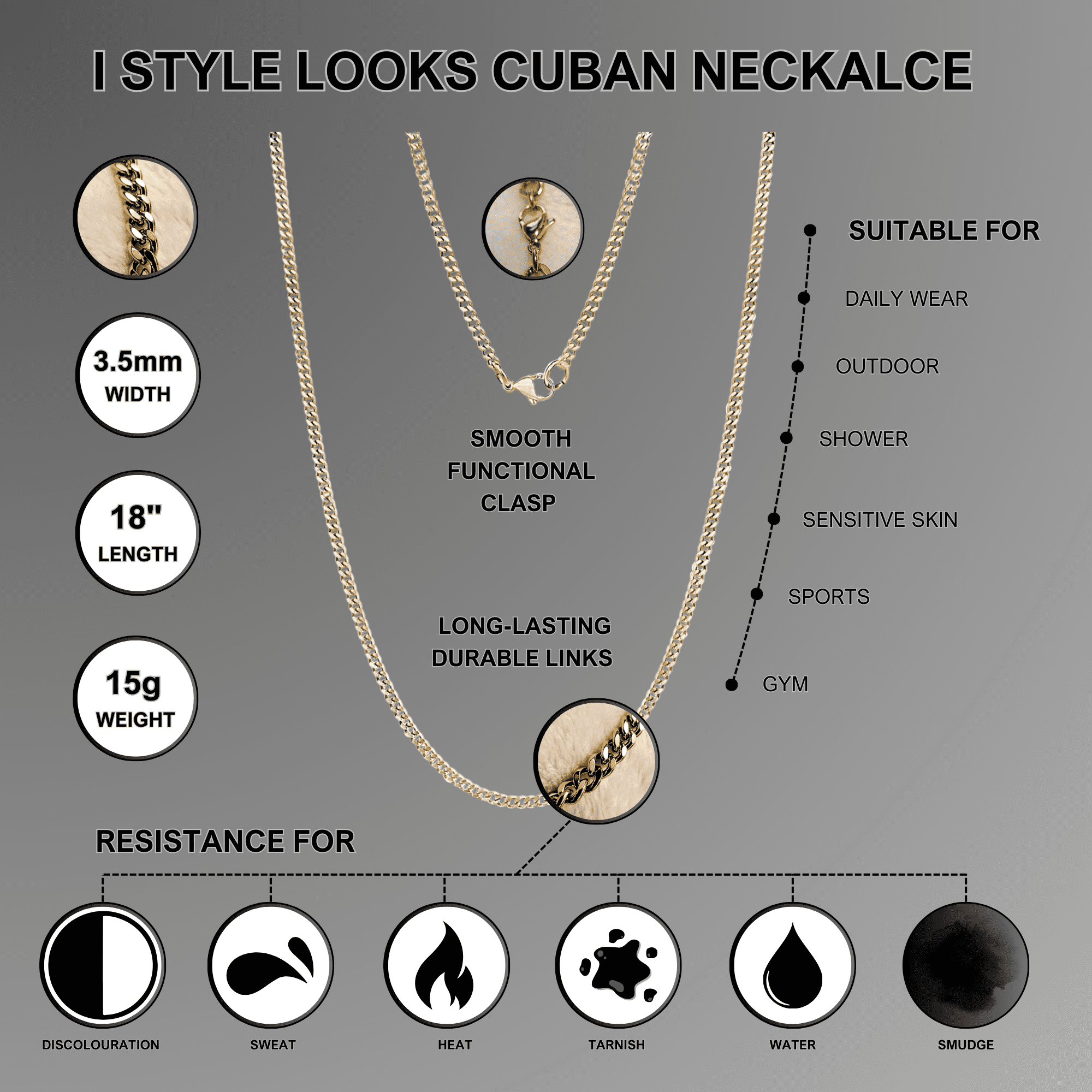 18K Gold PVD Stainless Steel Cuban Necklace, 3.5mm Width, 18-Inch Length