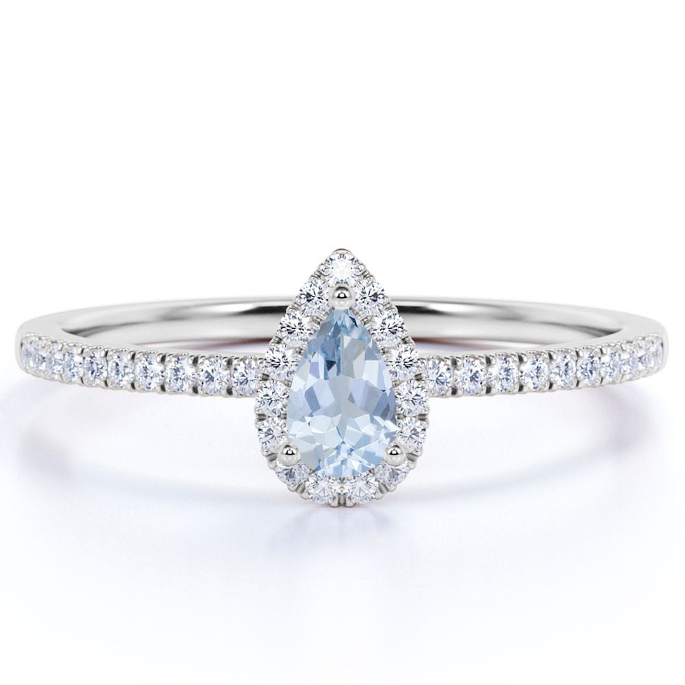 JeenMata 0.5 Carat Teardrop Created Aquamarine Halo Dainty Ring in 18k White Gold over Silver