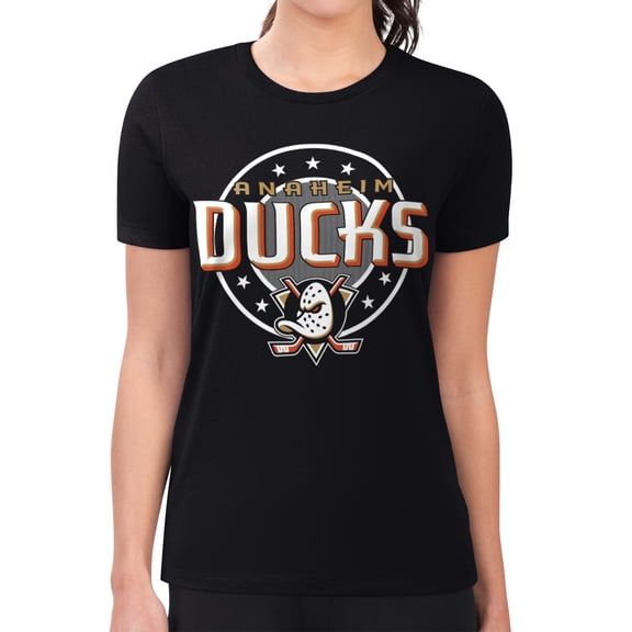 Women's G-III 4Her by Carl Banks Black Anaheim Ducks Super-Slim Lightweight Pinstripe Circle Graphic T-Shirt