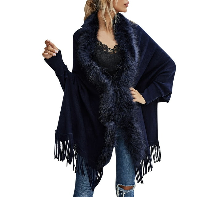 GDREDA Womens Solid Color Collar Cloak Knitted Capes Shawl Tassel Open Front Cardigans Sweater Coat Workout Clothes