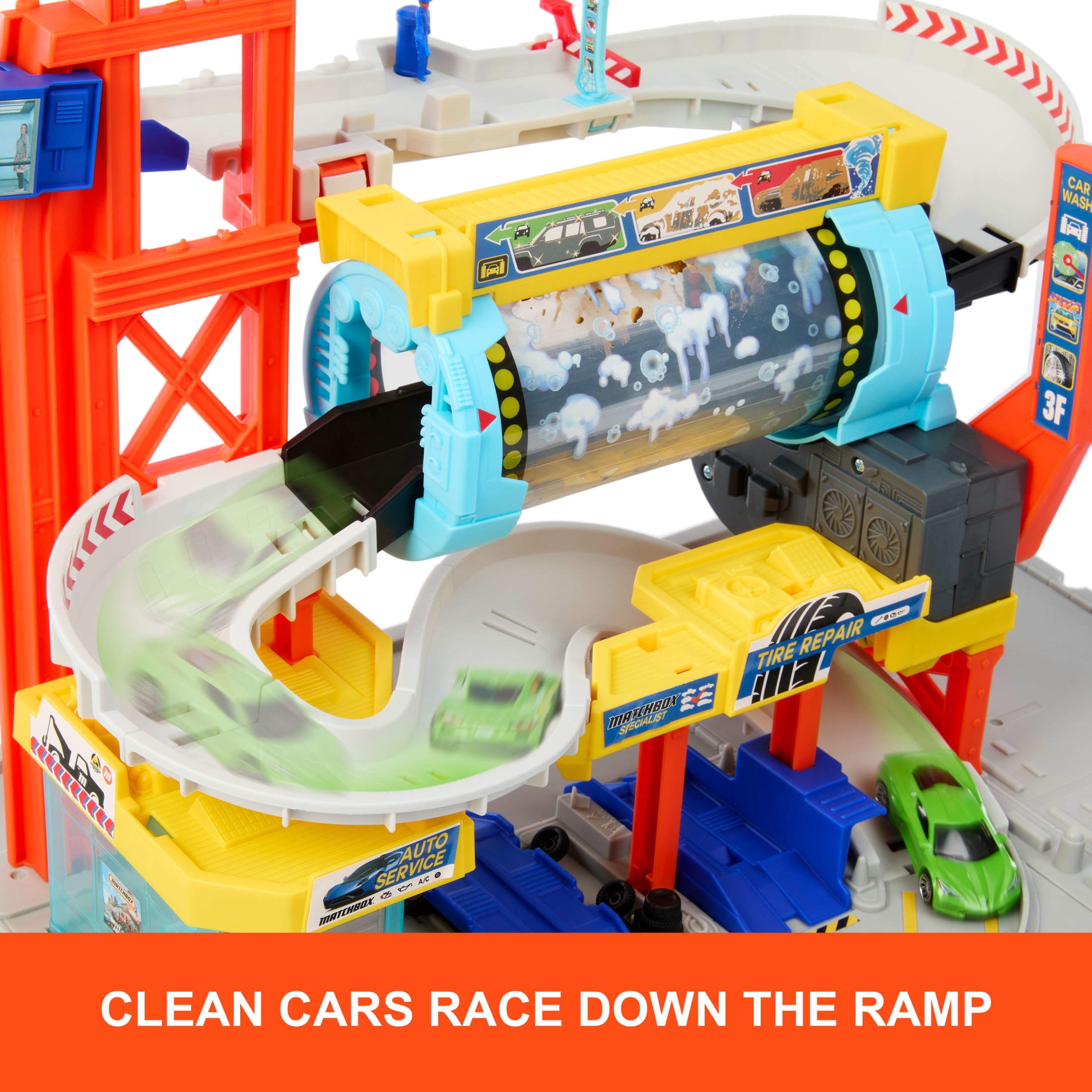 Matchbox Spin Cyclone Car Wash Playset with 1:64 Scale Die-Cast Toy Corvette & Tow Truck