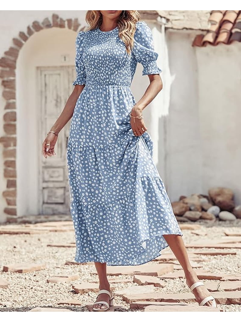 Btfbm Women Casual Summer Dresses Spring Crew Neck Ruffle Short Sleeve Smocked Floral Boho Flowy Maxi Dress Clothes, Women's, Size: Small, Blue
