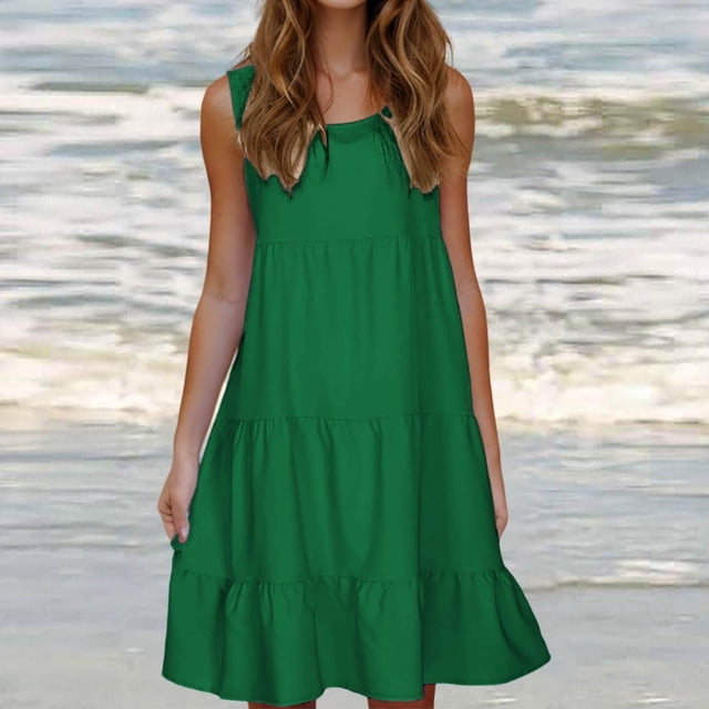 fartey Robe Décontractée pour Femmes Été Unie Col Rond à Étages Ample Robe Débardeur Sans Manches Ligne A Confortable Midi Robe de Plage