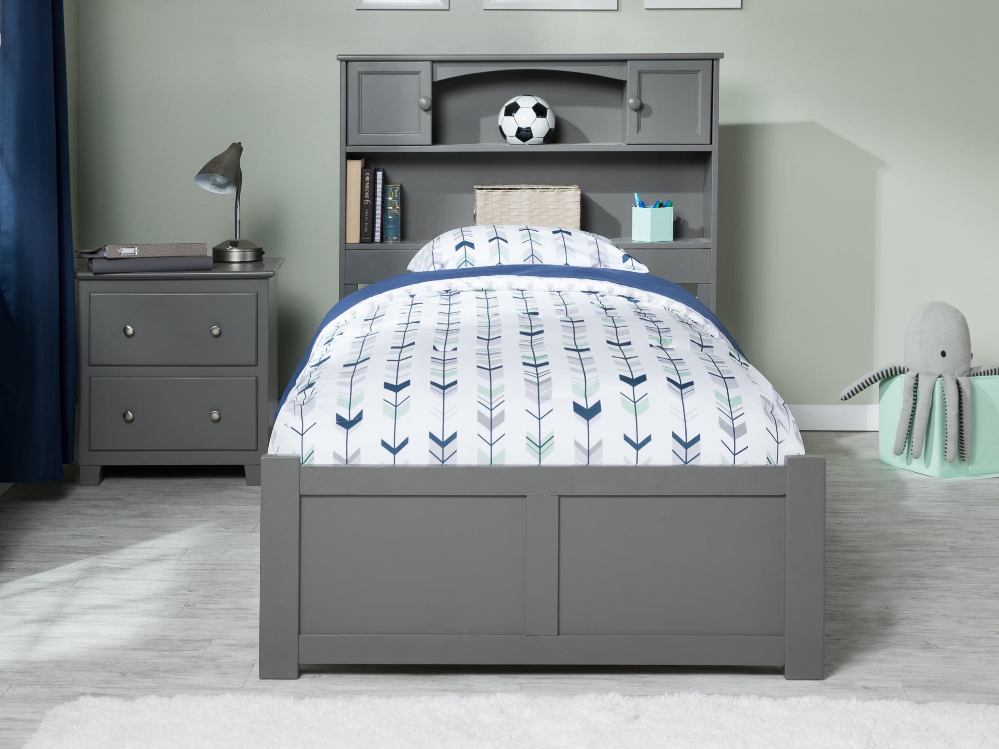 AFI Newport Twin Solid Wood Platform Bed with Footboard & 2 Storage Drawers in Grey