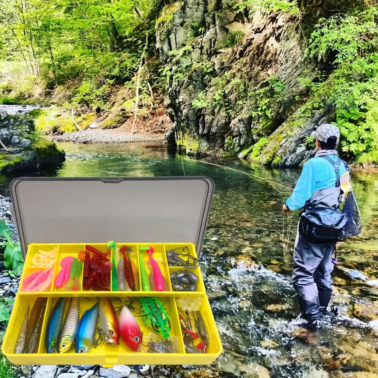 284-Piece Fishing Lures Kit with Tackle Box, Complete Fishing Gear Set Includes Crankbaits, Soft Worms, Spinnerbaits, Hooks, Jigs for Freshwater & Saltwater Bass, Trout, Salmon