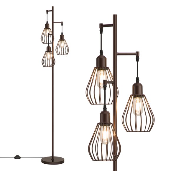 EDISHINE Lampe sur Pied Industrielle à 3 Lumières en Forme d'Arbre, Lampes Hautes Style Ferme avec 3 Têtes Cage en Forme de Goutte Élégantes et Ampoules Edison 4 W 3000 K, Lampe de Lecture Rustique pour Salon, Chambre, Hôtel - Métal Bronze