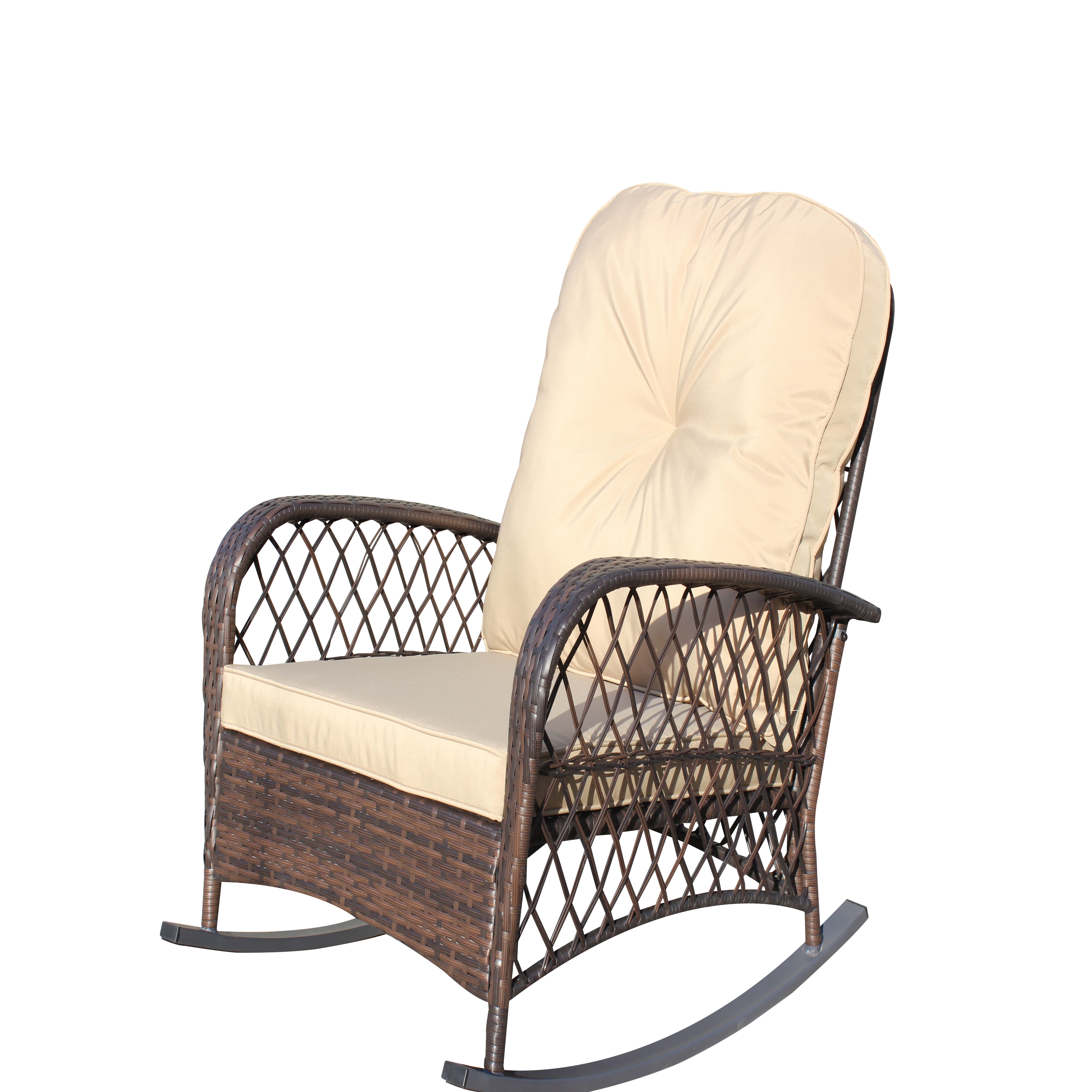 Wicker Outdoor Rocking Chair, Wide Seat Thick Cushion Steel Frame Rattan Rocker for Patio Garden Backyard Relax Area, Shallow Brown