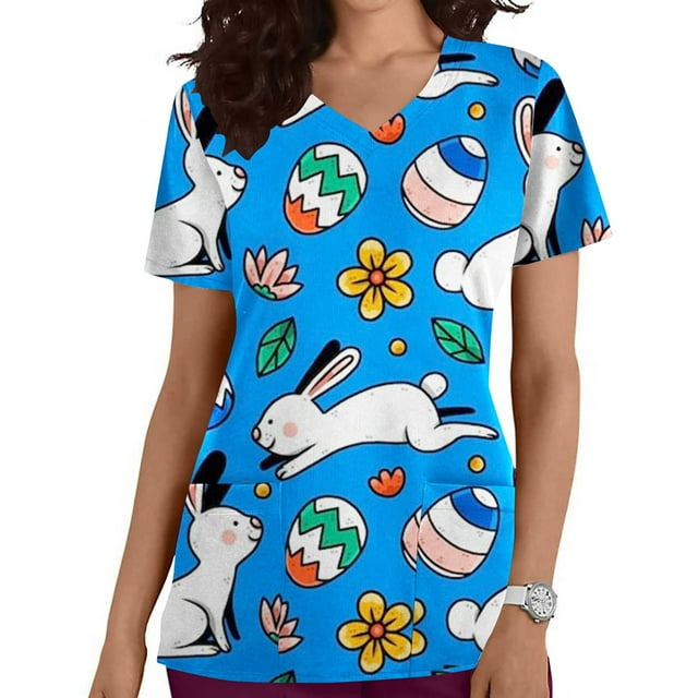 LSLJS Blouse d'Infirmière de Pâques pour Femmes Imprimé Lapins Ufs T-Shirt Col en V Uniforme de Travail avec Poche