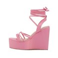thumbnail image 4 of Sandalias casuales de cuña con tacón corrido alto unicolor con lazo al tobillo para mujer, 4 of 5