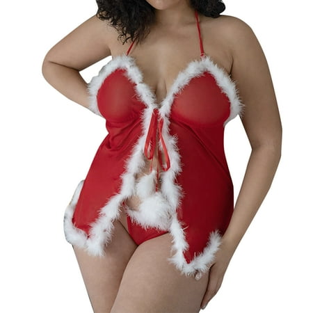 

ZMHEGW Underwear Women Seamless Santa Christmas Lingerie Set With Garter Belts Lace Teddy Bodysuit