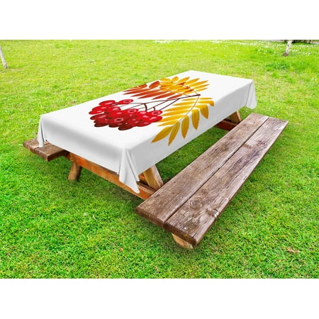 Rowan Outdoor Tablecloth, Realistic Vivid Ripe Berries in Fall Season Orange Leaves Rural Plant, Decorative Washable Fabric Picnic Tablecloth, 58 X 104 Inches, Dark Orange Yellow Red, by