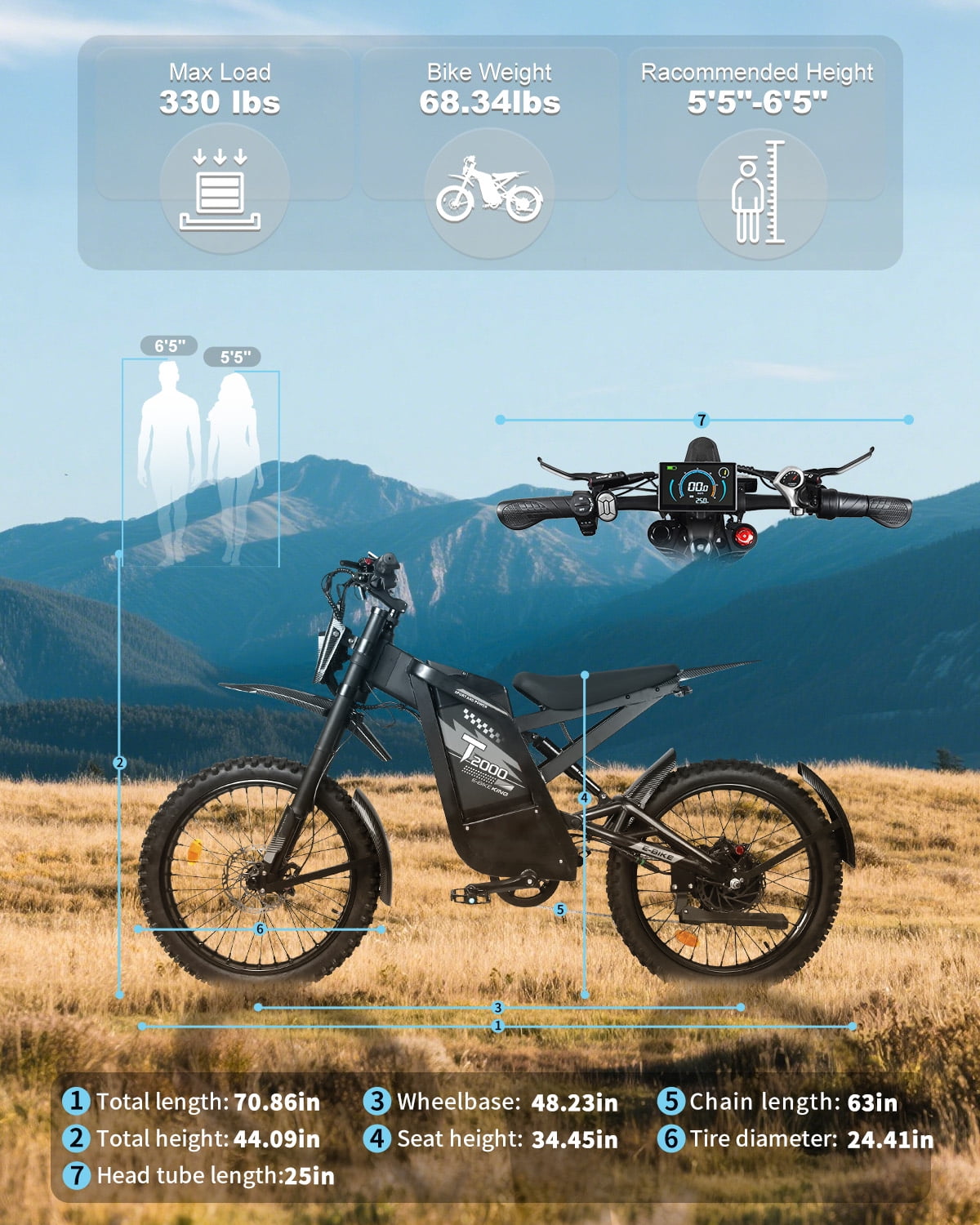 VTOKW T2000 Electric Dirt Bike for Adults,3000W Peak Electric Bike,48V 30Ah Battery,37MPH/85+Miles Electric Motorcycles,24" Fat Tire E Dirtbike,Dual Hydraulic Brakes Mountain Bike,E Dirt Bike UL2849