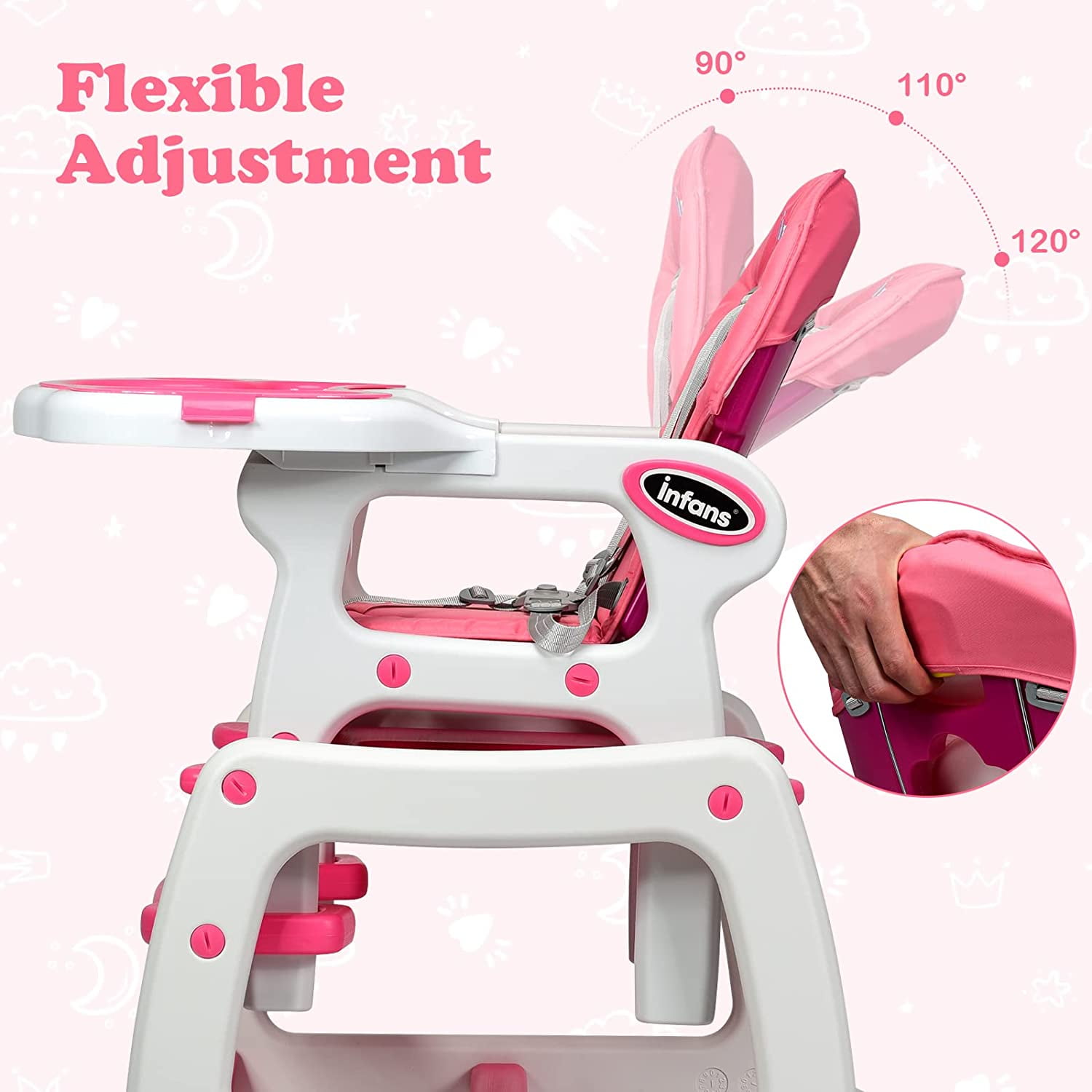 Infans 5-in-1 Convertible Baby High Chair with Adjustable Tray, Pink photo 6