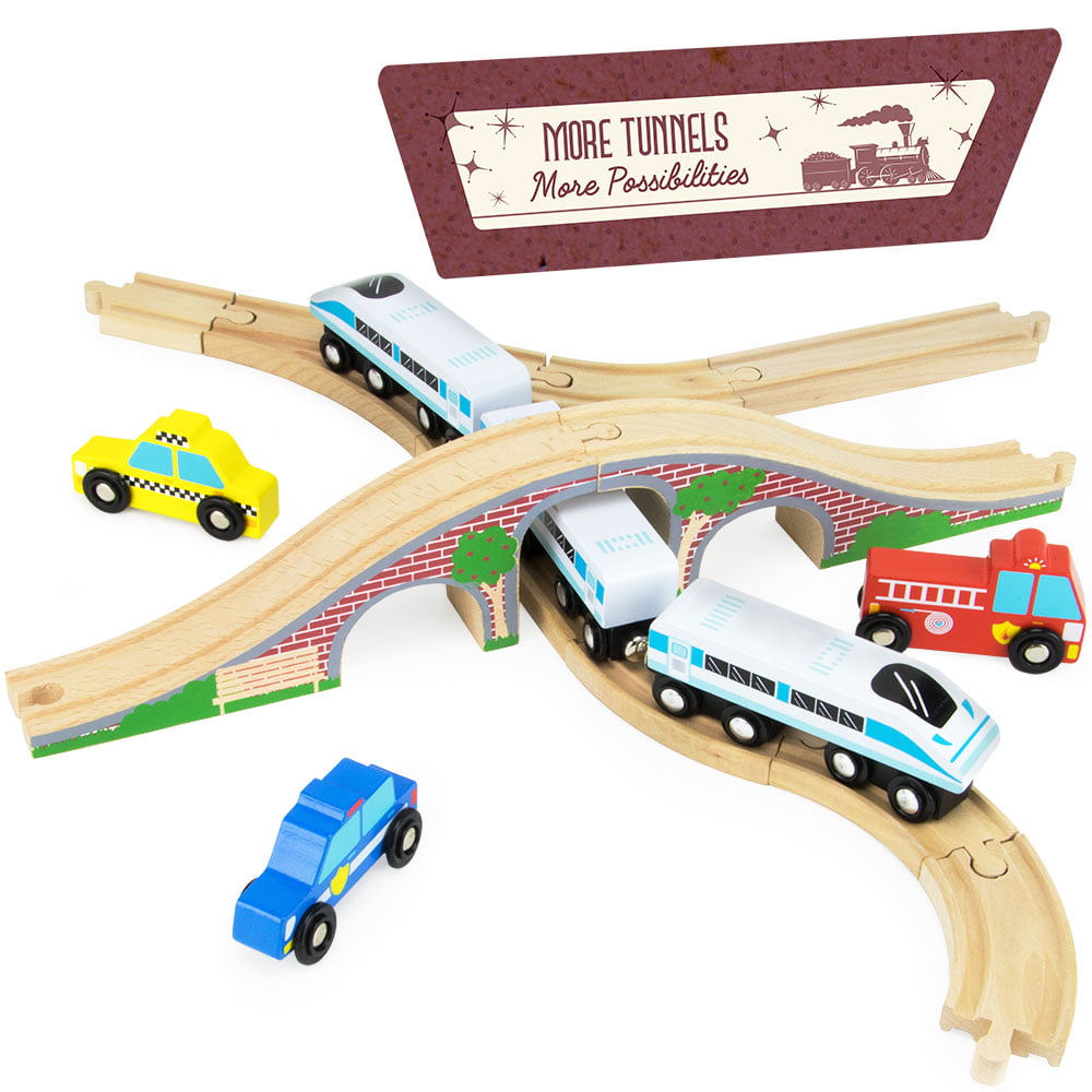 Wooden Brick Bridge 2-Piece Toy Train Track Accessory Compatible with All Major Toy Train Brands by Conductor Carl