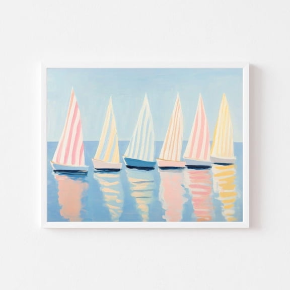 Pastel Striped Sailboats Nautical Wall Art, Unframed Paper Print Size 8x12