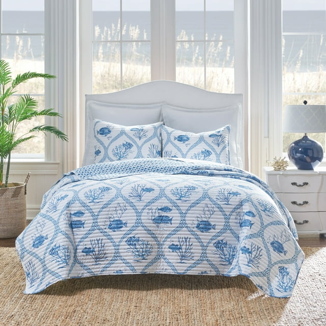 Levtex Home - Madeira Shore Quilt Set - Twin Quilt and One Standard Sham - Coastal Fish - Blue White - Quilt (68x86in.) and Sham (20x26in.) - Reversible
