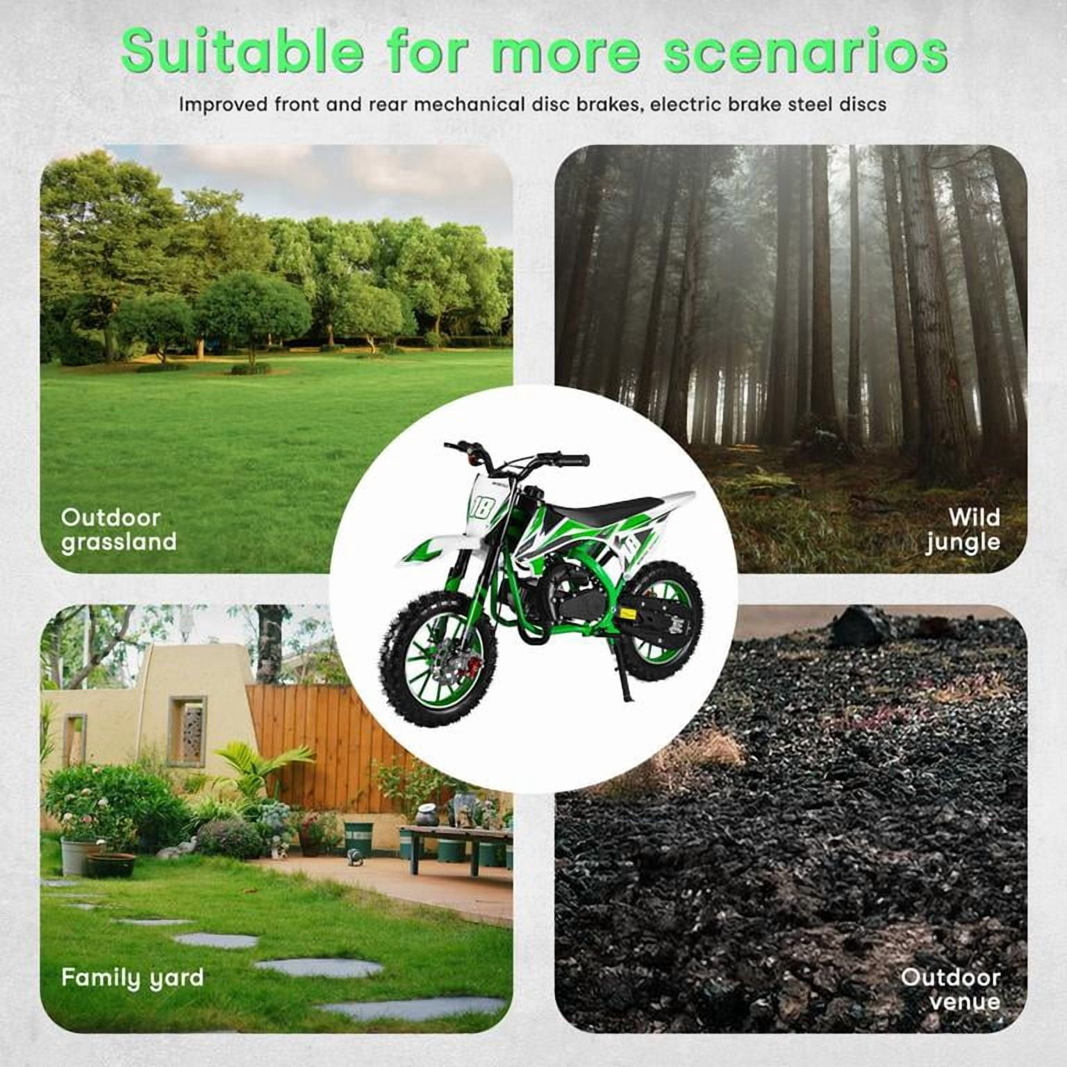 Korogimeeet Gas Powered Green Mini Dirt Bike 49cc 2-Stroke, 10 Inch Tires, Front Rear Disc Brakes, Full-Circle Crankshaft Engine, Smooth Acceleration, 47 x 28 Inch